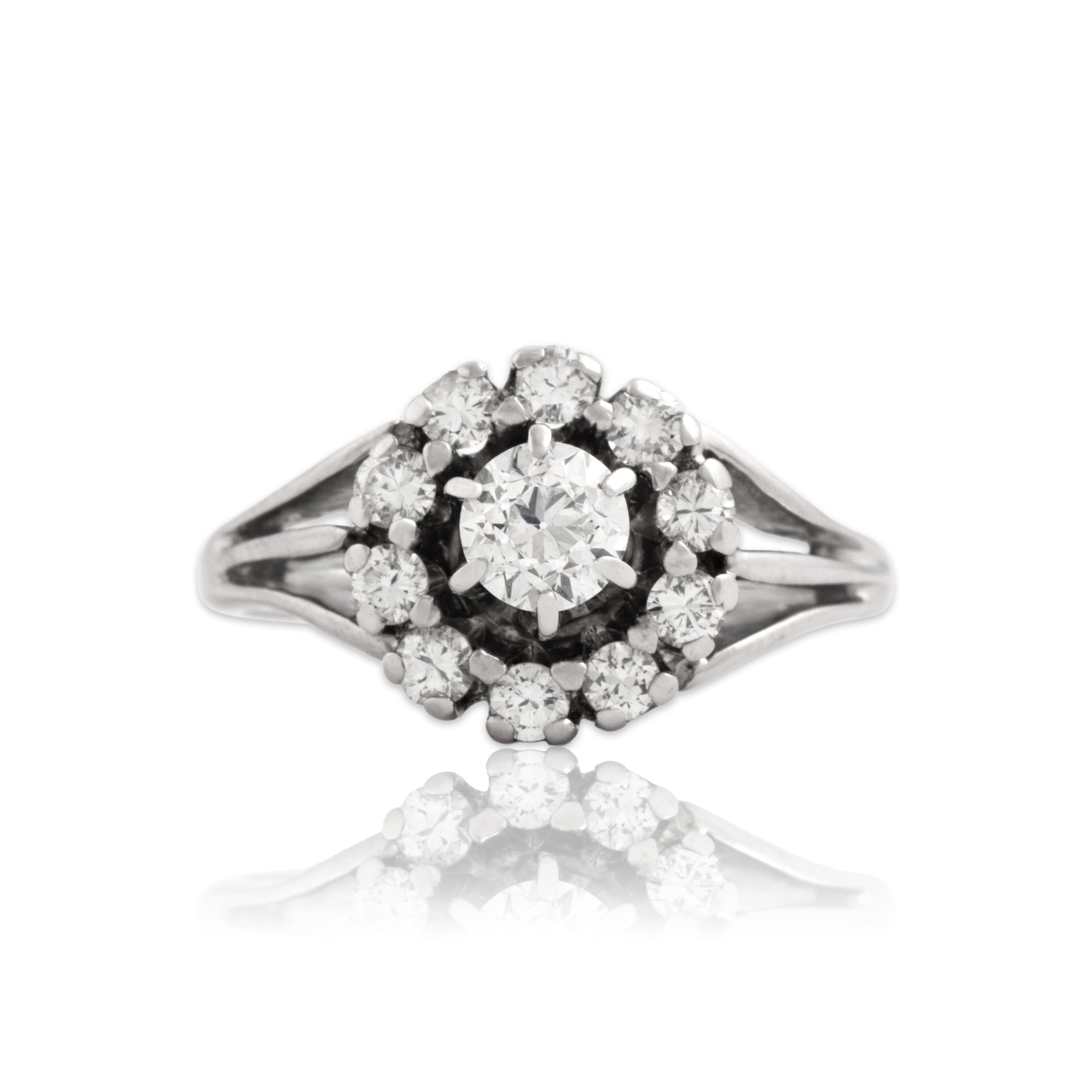 Vintage 14k White Gold .75cttw Old European Cut Diamond Split-Shoulder Dazzling Foriform Halo Ring - Close-up view