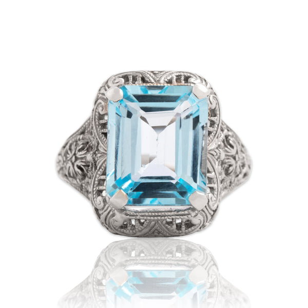 Vintage 14k White Gold 6.71ct Blue Topaz Striking Tall Intricate Openwork Ring 7.25