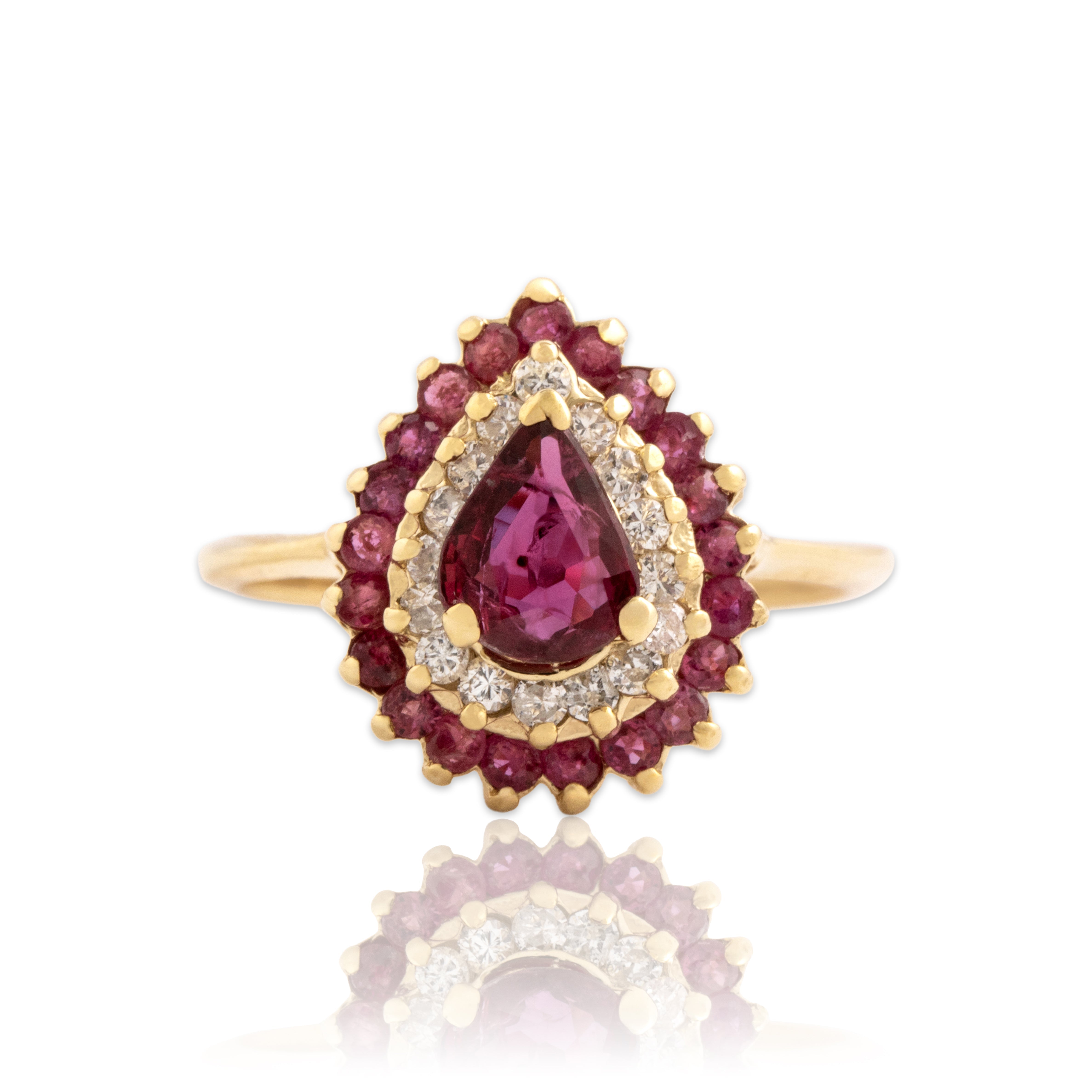 Vintage 14k Yellow Gold .7cttw Ruby Diamond Double Halo Pear Ring - Close-up view