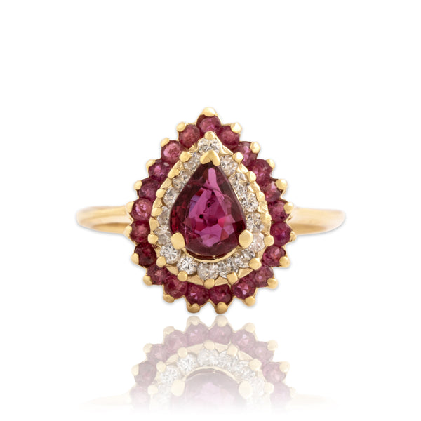 Vintage 14k Yellow Gold .7cttw Ruby Diamond Double Halo Pear Ring 6.00