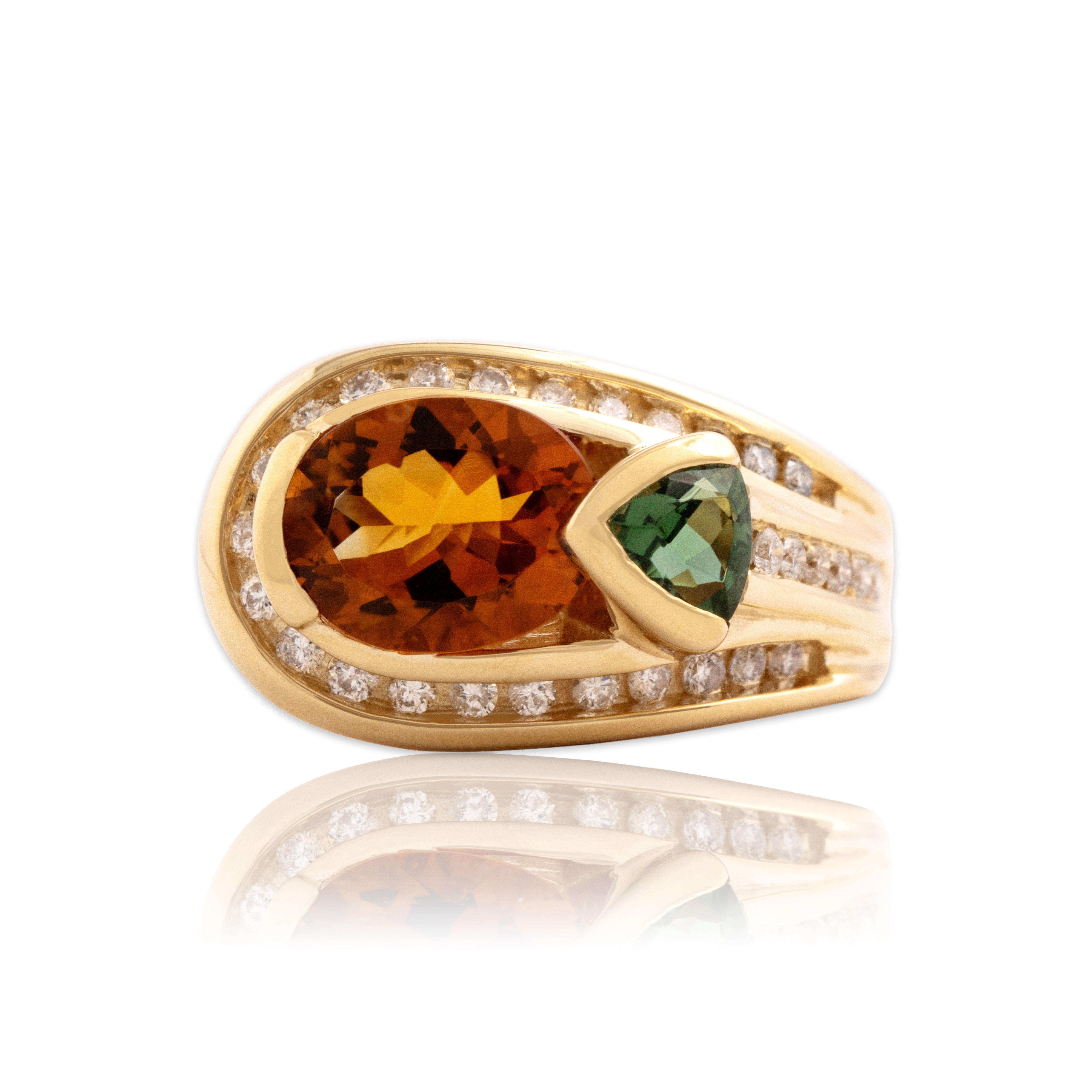 Vintage 14k Yellow Gold 2.03ct Citrine Green Tourmaline Diamond Bold Geometric Curve Ring - Close-up view
