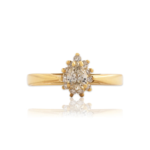 Vintage 18k Yellow Gold Diamond Glittering Pear Halo Ring 7.00