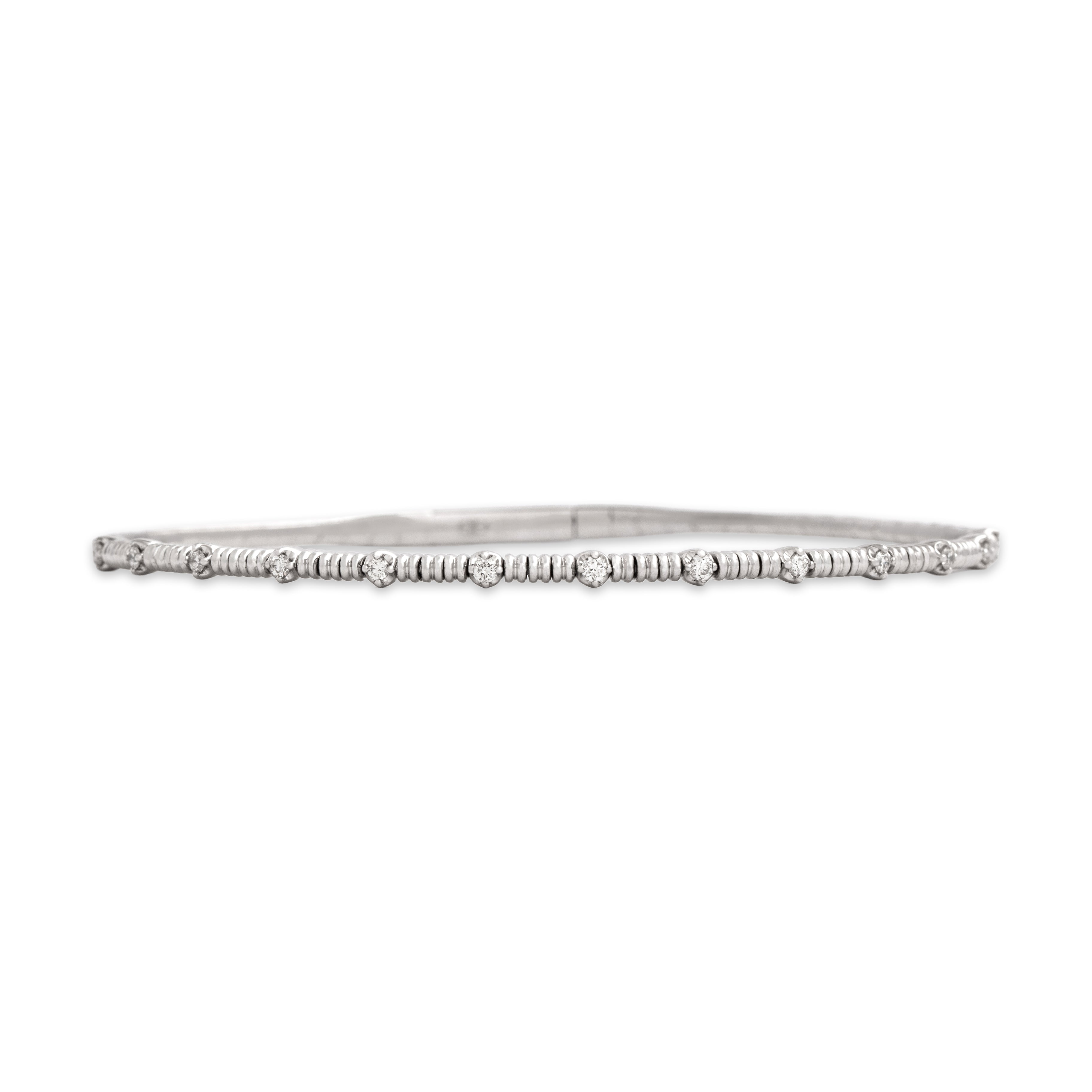 Estate 14k White Gold Diamond Flexible Dotted Tennis Bangle Bracelet - Close-up view