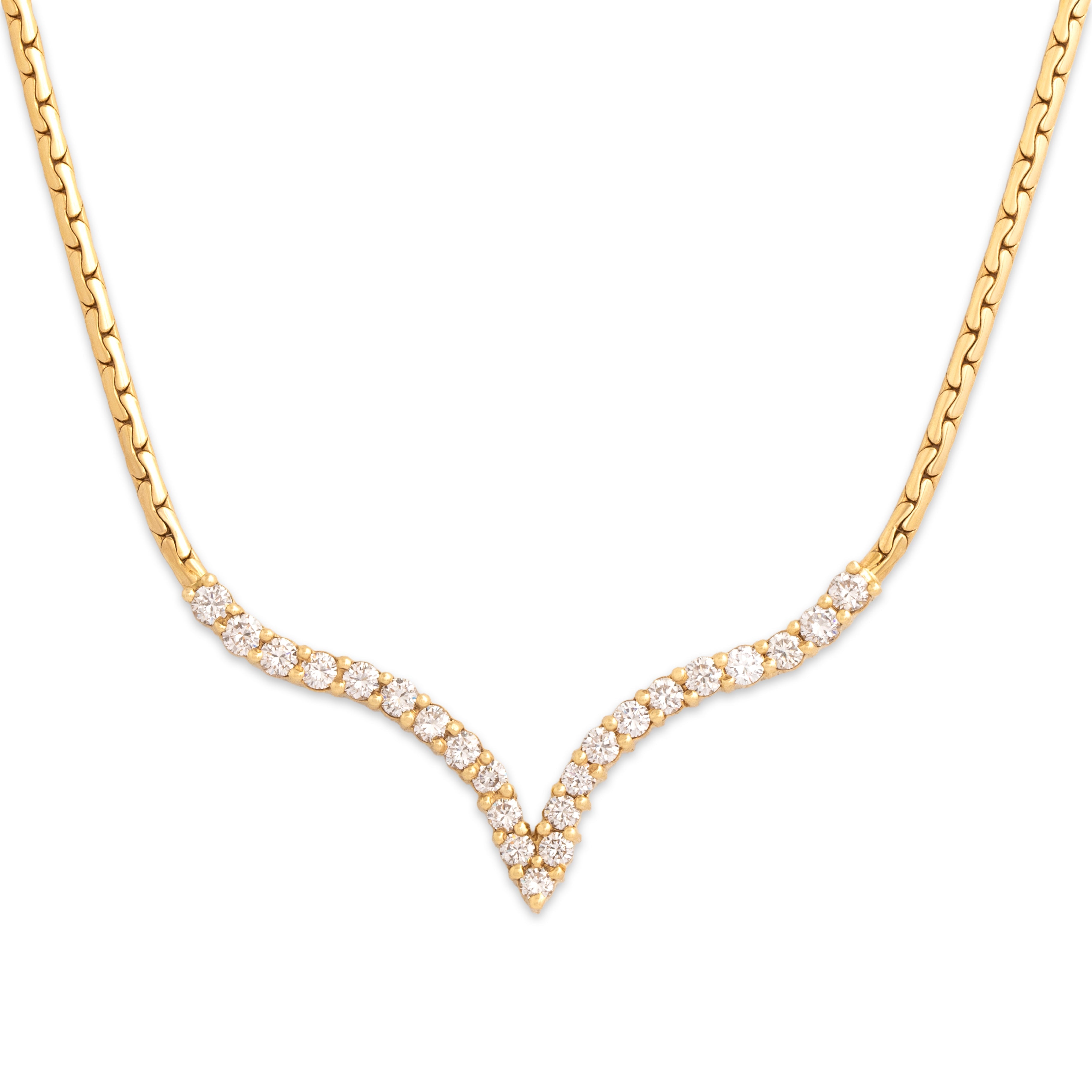 Vintage 18k Yellow Gold 1.37cttw Diamond Sleek Sparkling Chevron Necklace - Close-up view