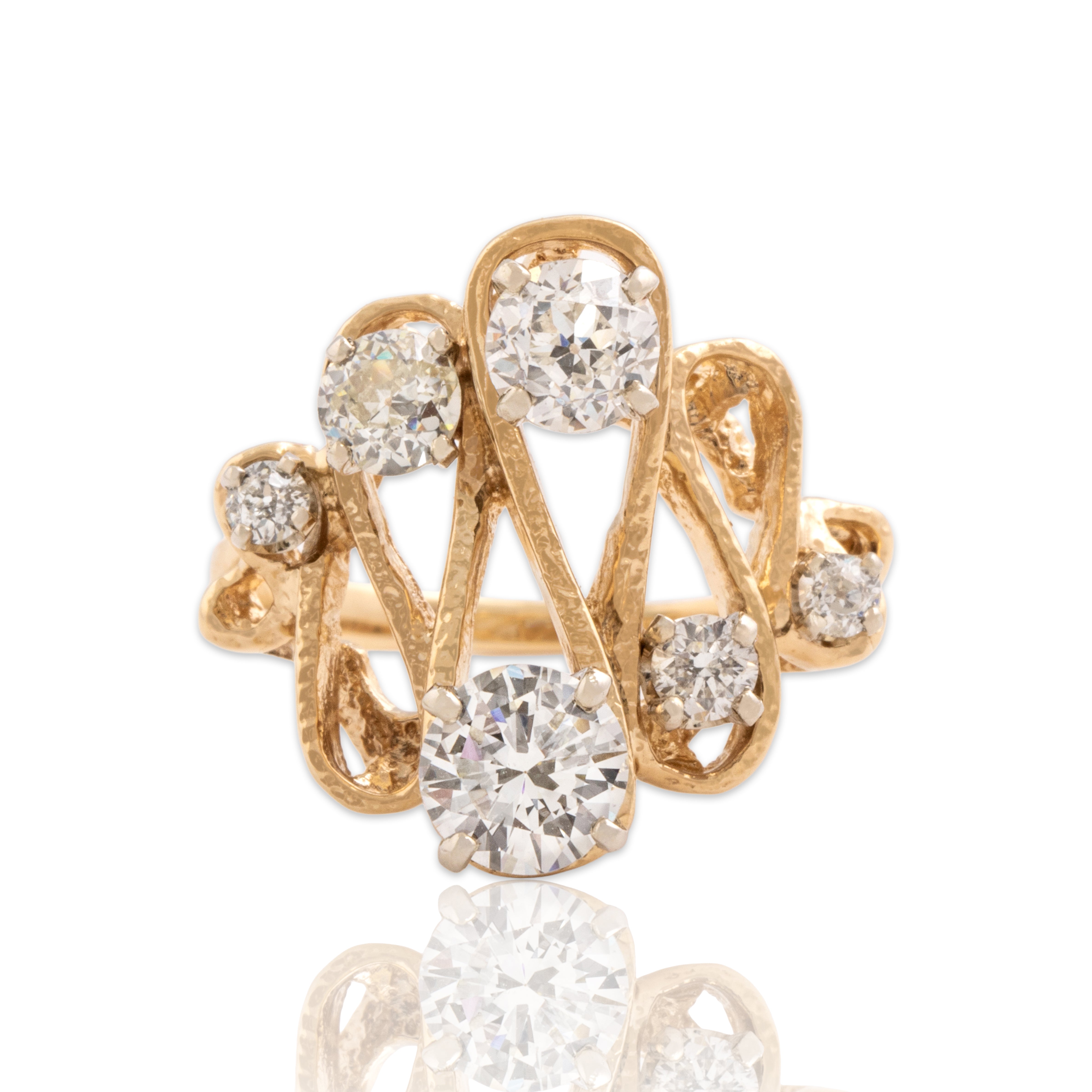 Vintage 14k Yellow Gold 1.75cttw Old European Old Mine Cut Diamond Exceptional Textured Glittering Ribbon Ring - Close-up view
