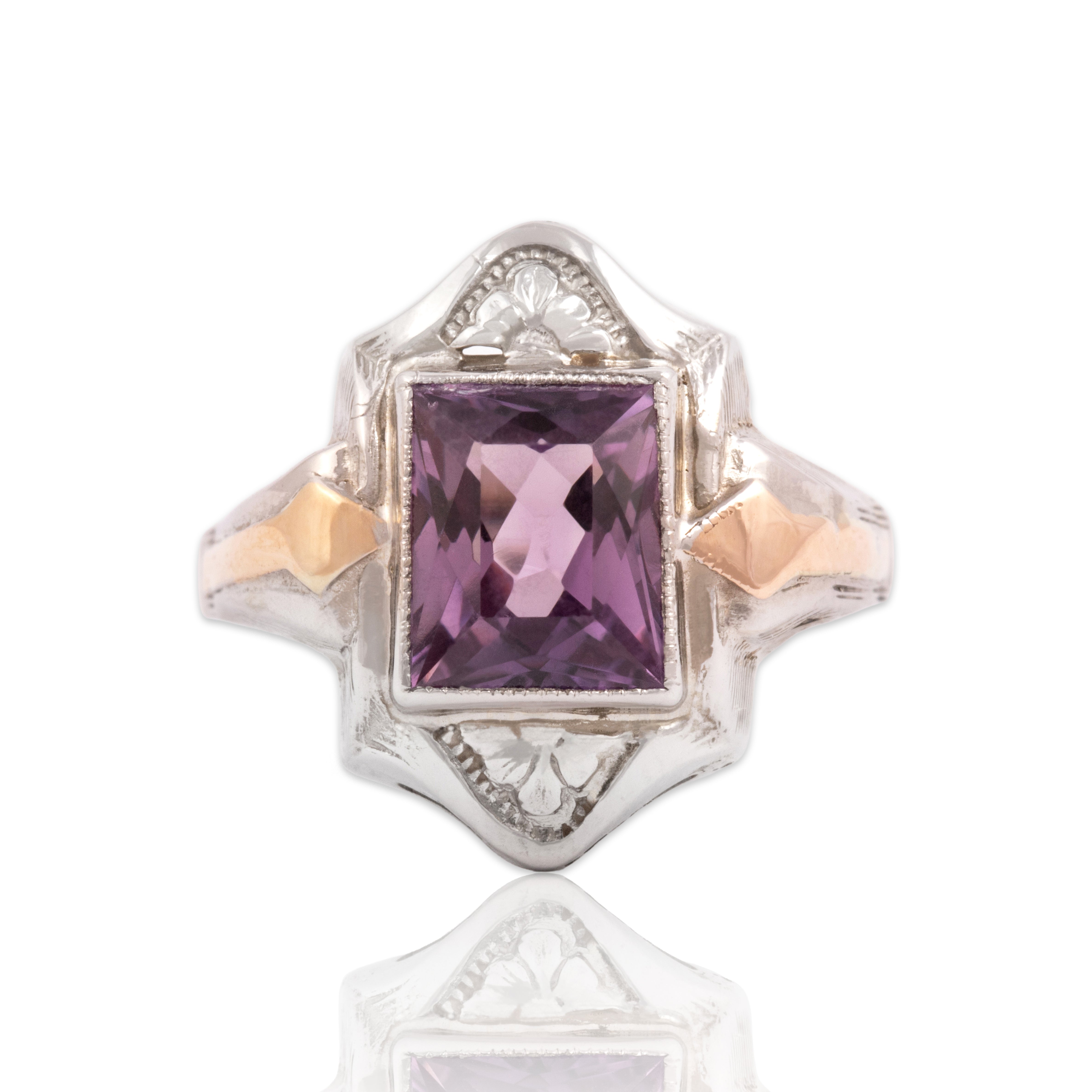Antique Art Deco 10k White & Rose Gold 2.0ct Purple Synthetic Sapphire Architectural Shield Ring - Close-up view