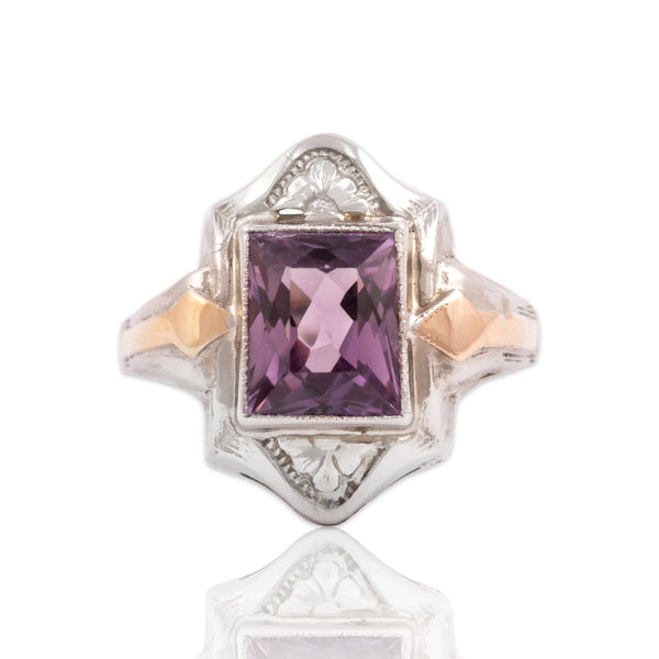 Antique Art Deco 10k White & Rose Gold 2.0ct Purple Synthetic Sapphire Ring 5.50