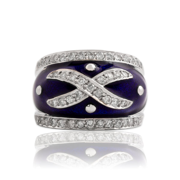 Vintage 18k White Gold Diamond Domed Blue Enamel Criss-Cross Band Ring 5.75