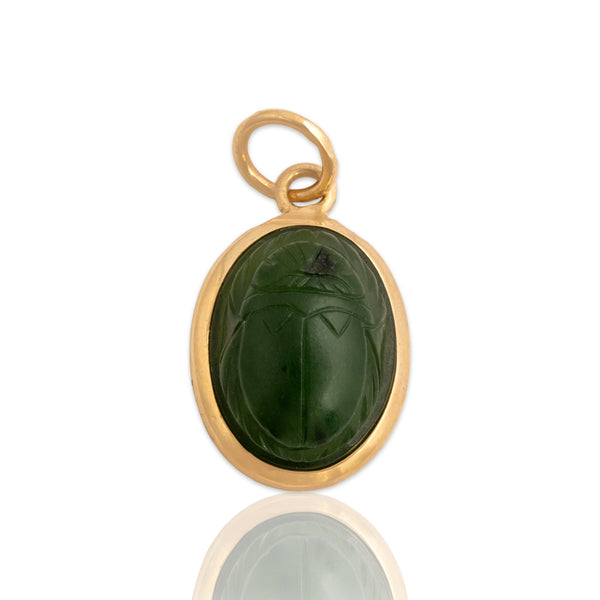 Vintage 10k & 14k Yellow Gold 3.76ct Jade Carved Scarab Charm / Pendant