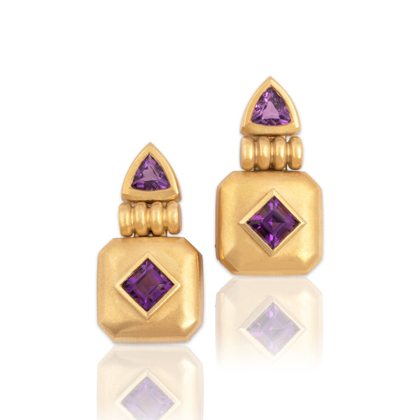 Vintage Heavy 18k Yellow Gold 1.75cttw Amethyst Geometric Stack Stud Earrings