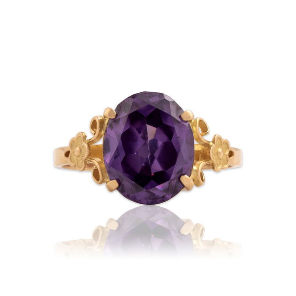 Vintage 18k Yellow Gold 4.13ct Purple Synthetic Garnet Playful Floral Ring 6.75