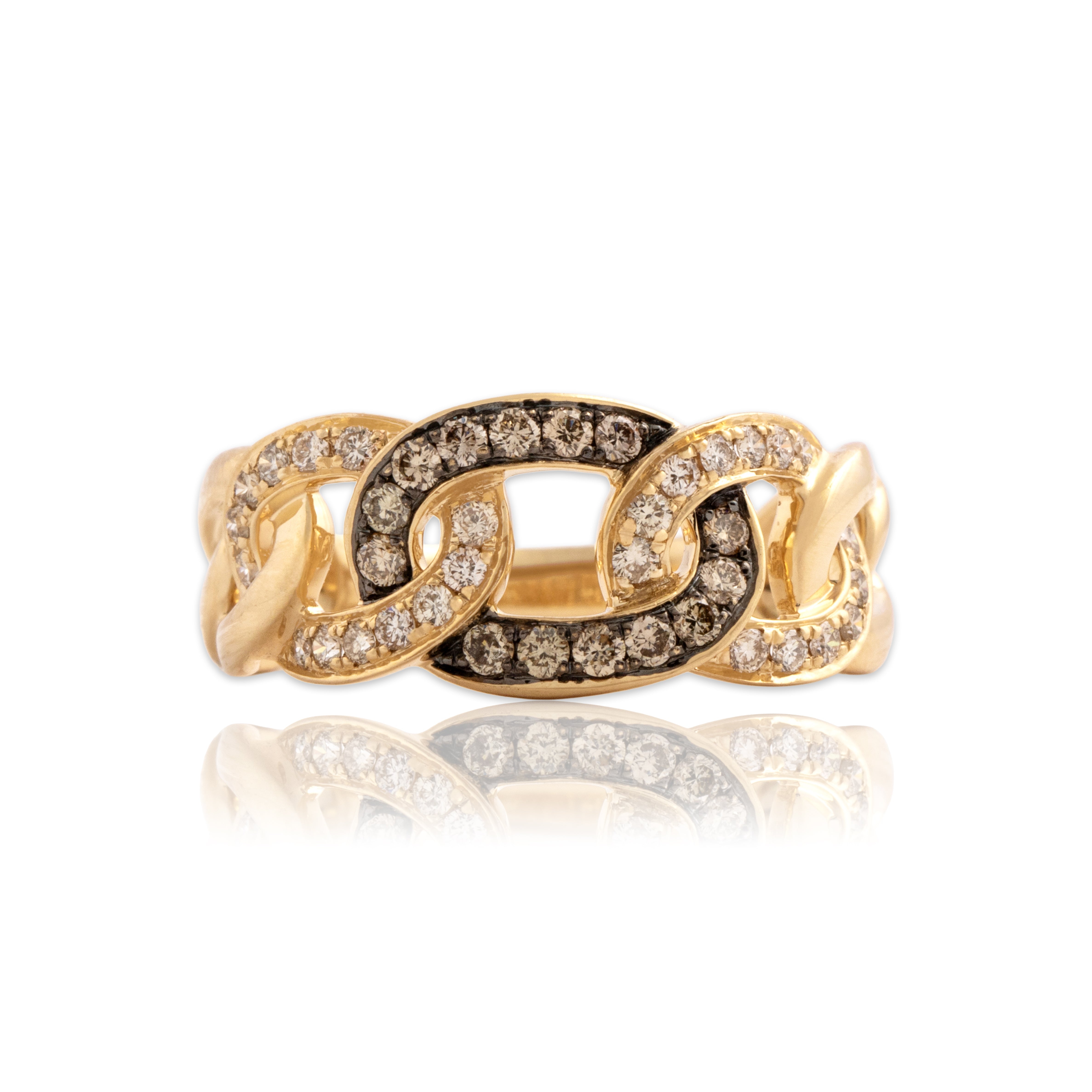 Estate 14k Yellow Gold Champagne Diamond Chain Link Ring - Close-up view