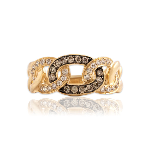 Estate 14k Yellow Gold Champagne Diamond Chain Link Ring - Close-up view