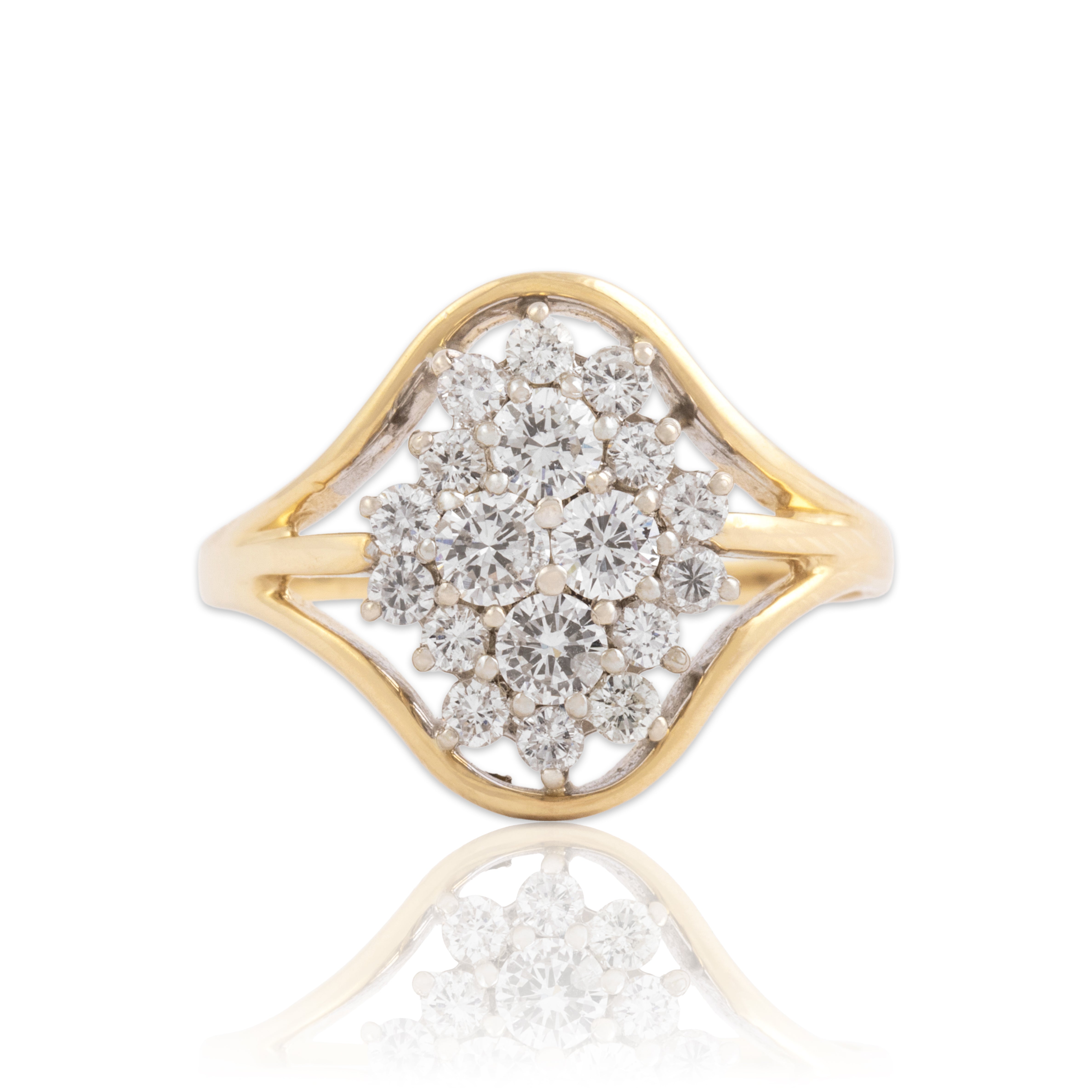 Vintage 14k Yellow & White Gold .78cttw Diamond Dazzling Oblong Cluster Ring - Close-up view