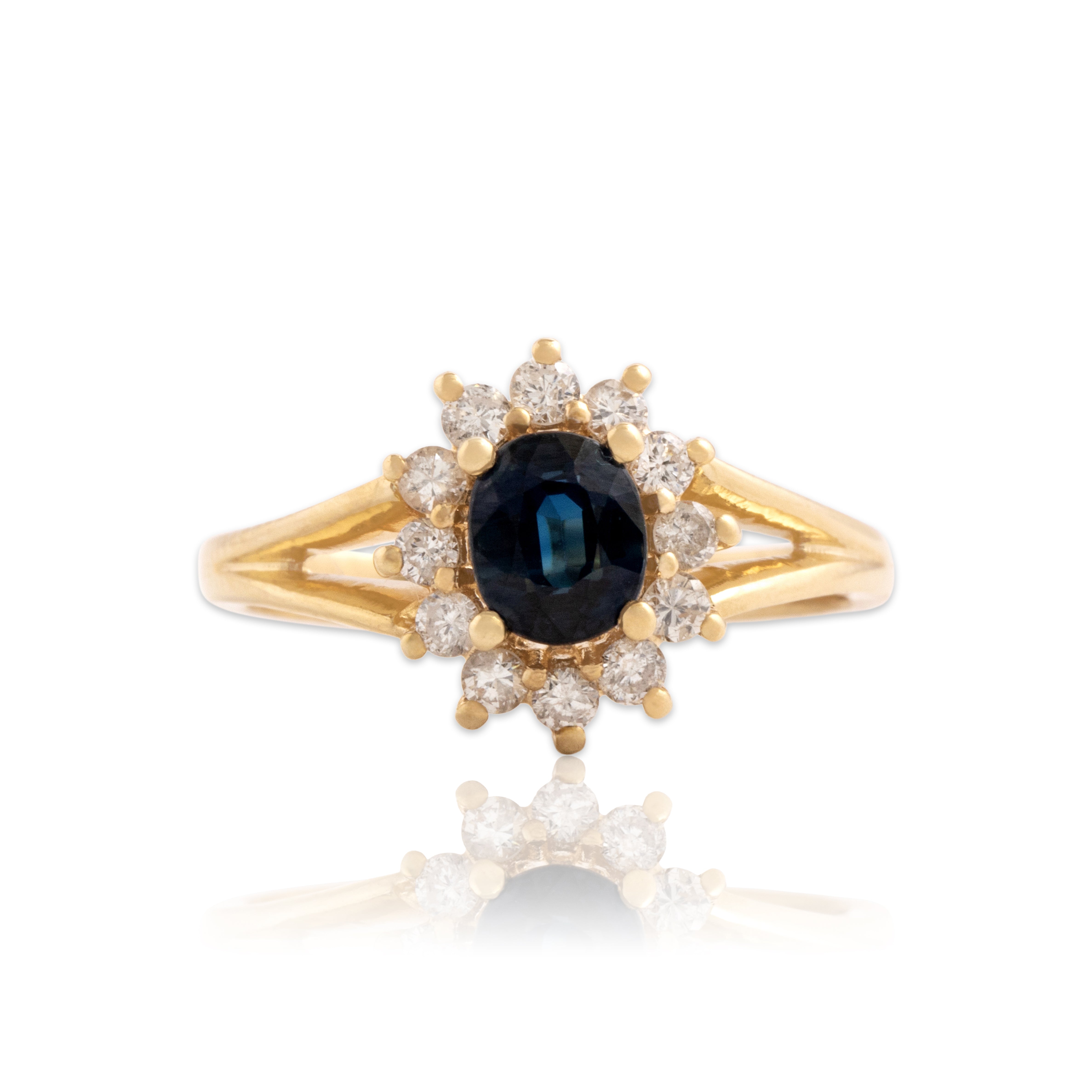 Vintage 14k Yellow Gold .75ct Blue Sapphire Diamond Dazzling Oval Halo Ring - Close-up view