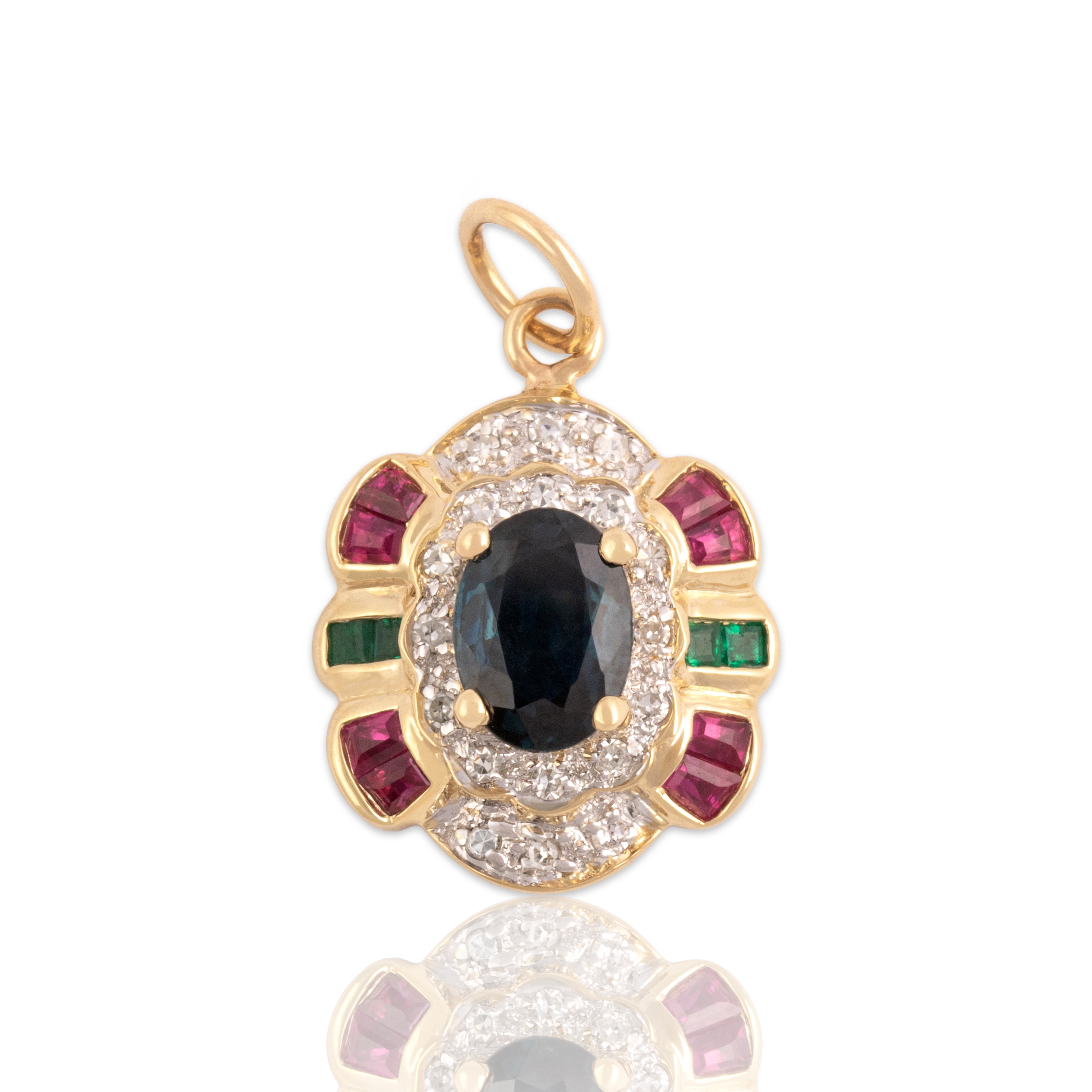 Vintage 14k Yellow Gold .89ct Sapphire Ruby Diamond Emerald Dazzling Scallop-Detail Pendant - Close-up view