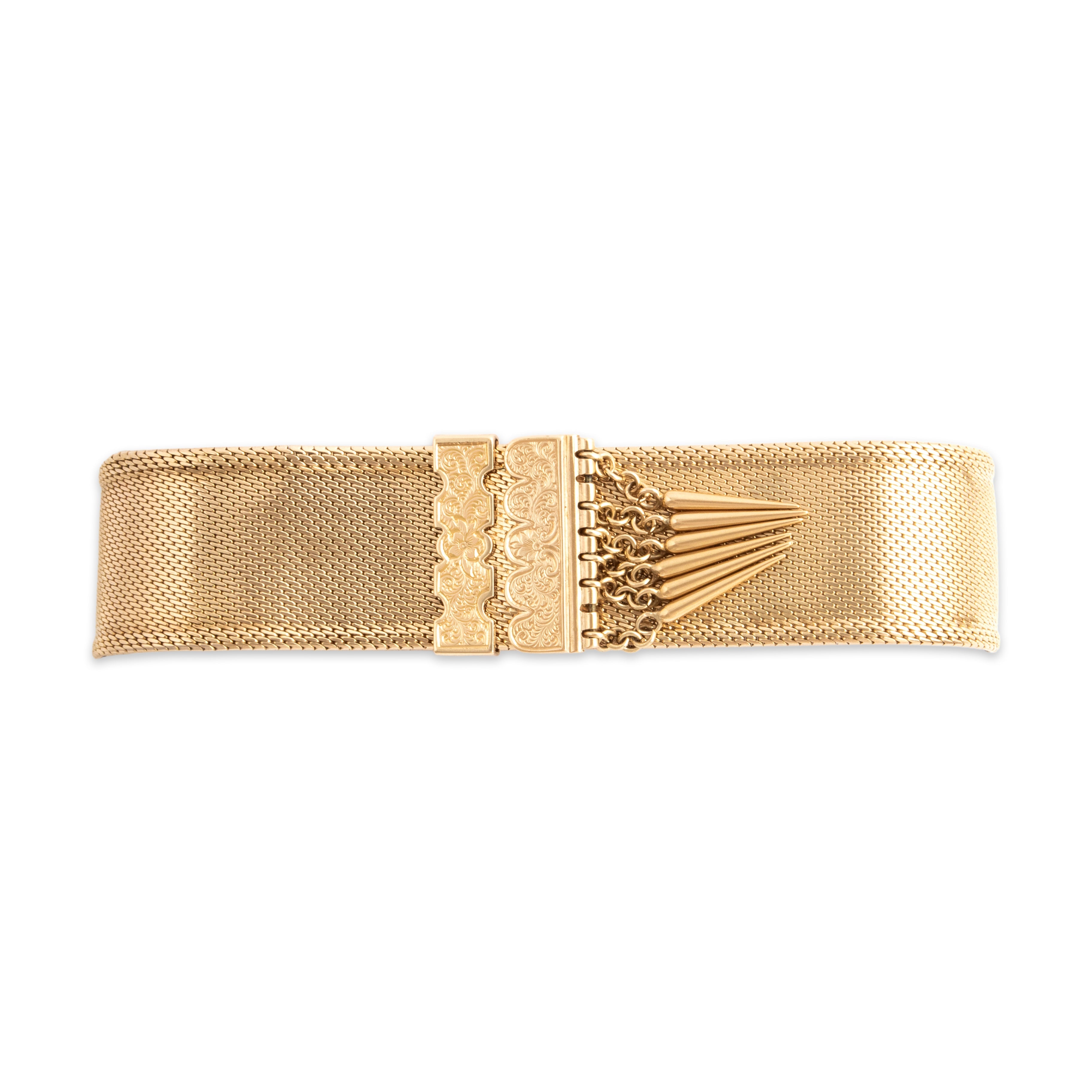 Antique Victorian Substantial 14k Yellow Gold Fantastic Hand-Engraved Slide Mesh Chain Fringe Adjustable Bracelet - Close-up view