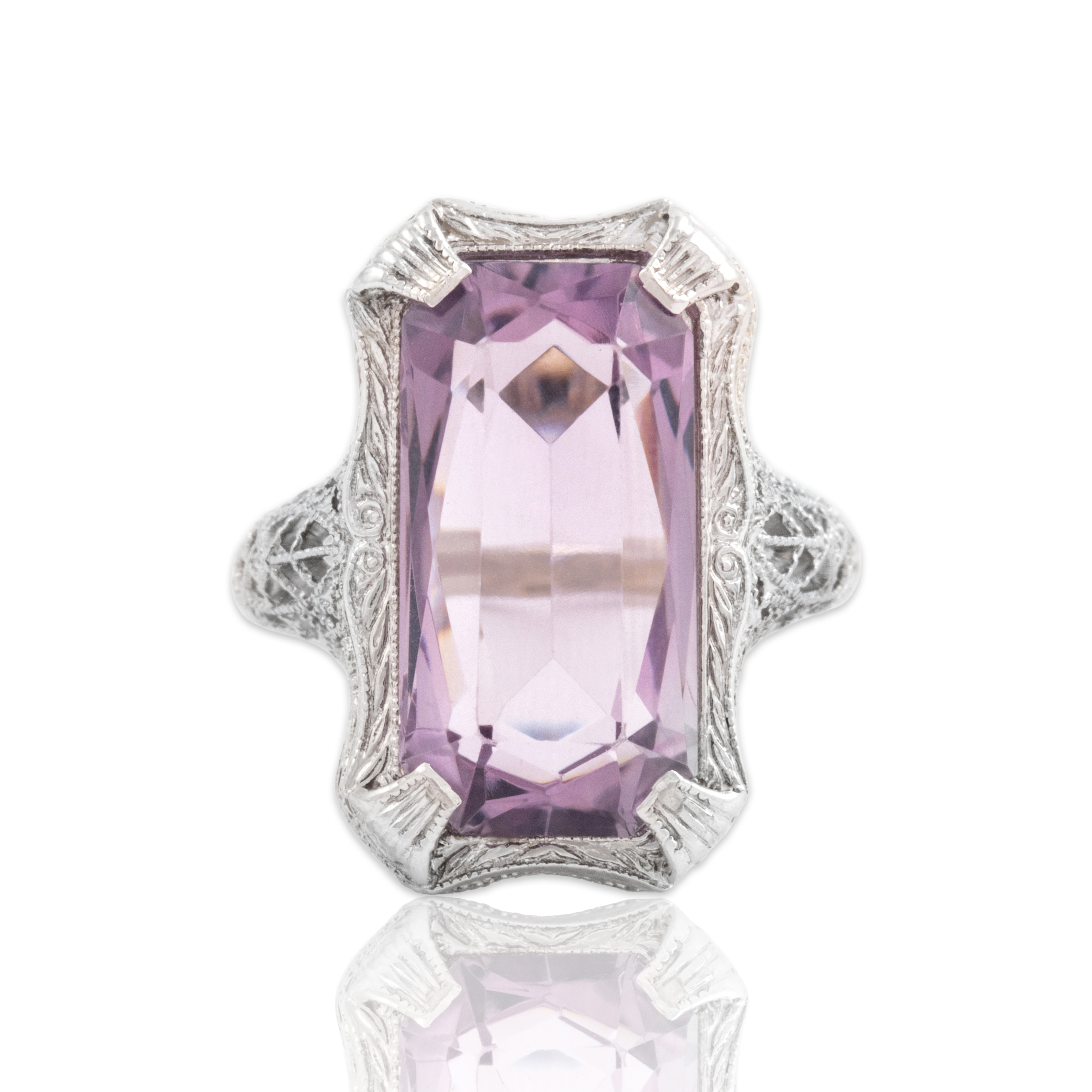 Antique Art Deco 14k White Gold 5.55ct Amethyst Incredible Elongated Milgrain Openwork Ring - Close-up view