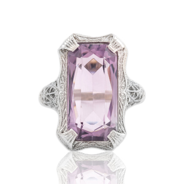 Antique Art Deco 14k White Gold 5.55ct Amethyst Elongated Openwork Ring 5.75