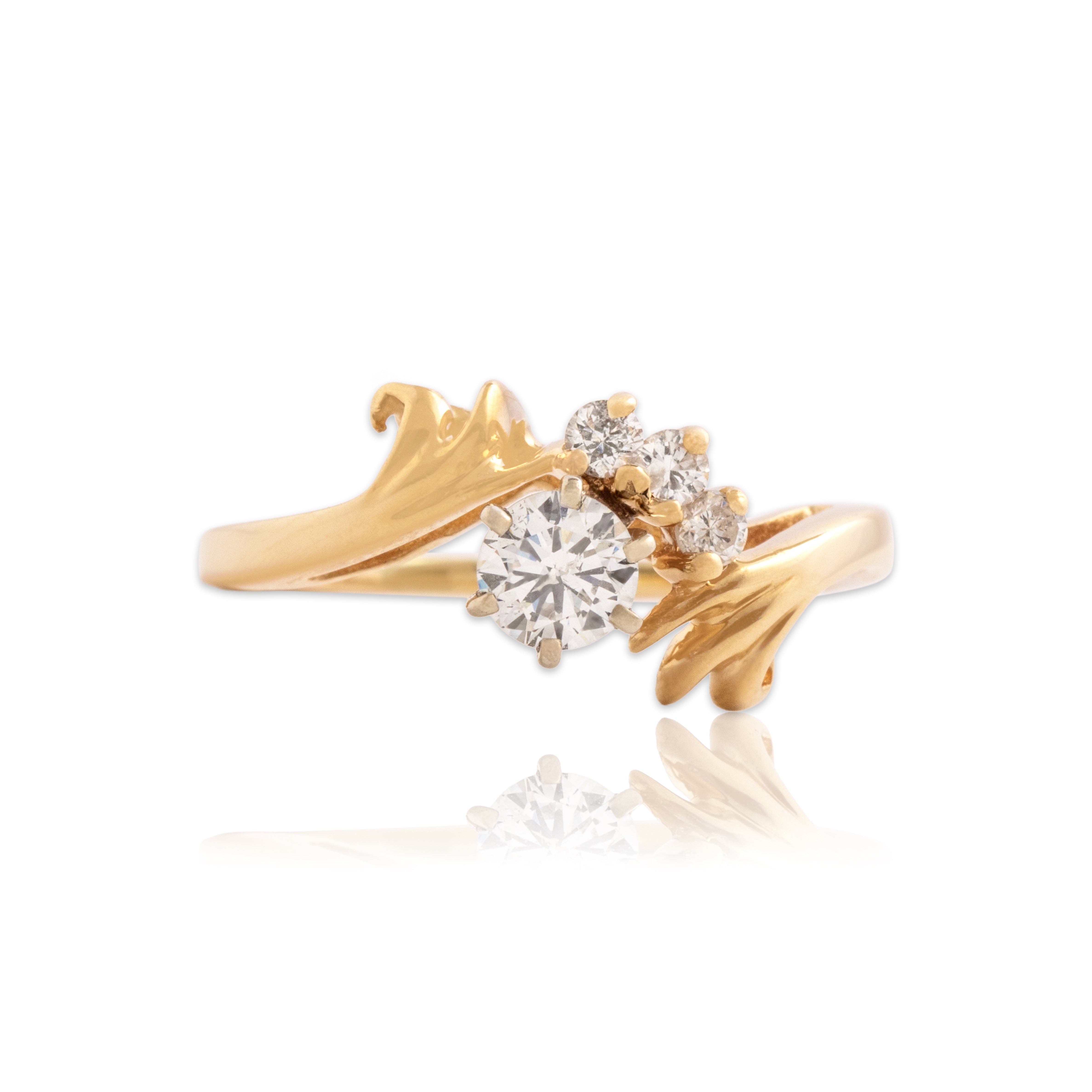 Vintage 14k Yellow & White Gold Diamond Swirling Vine Ring - Close-up view