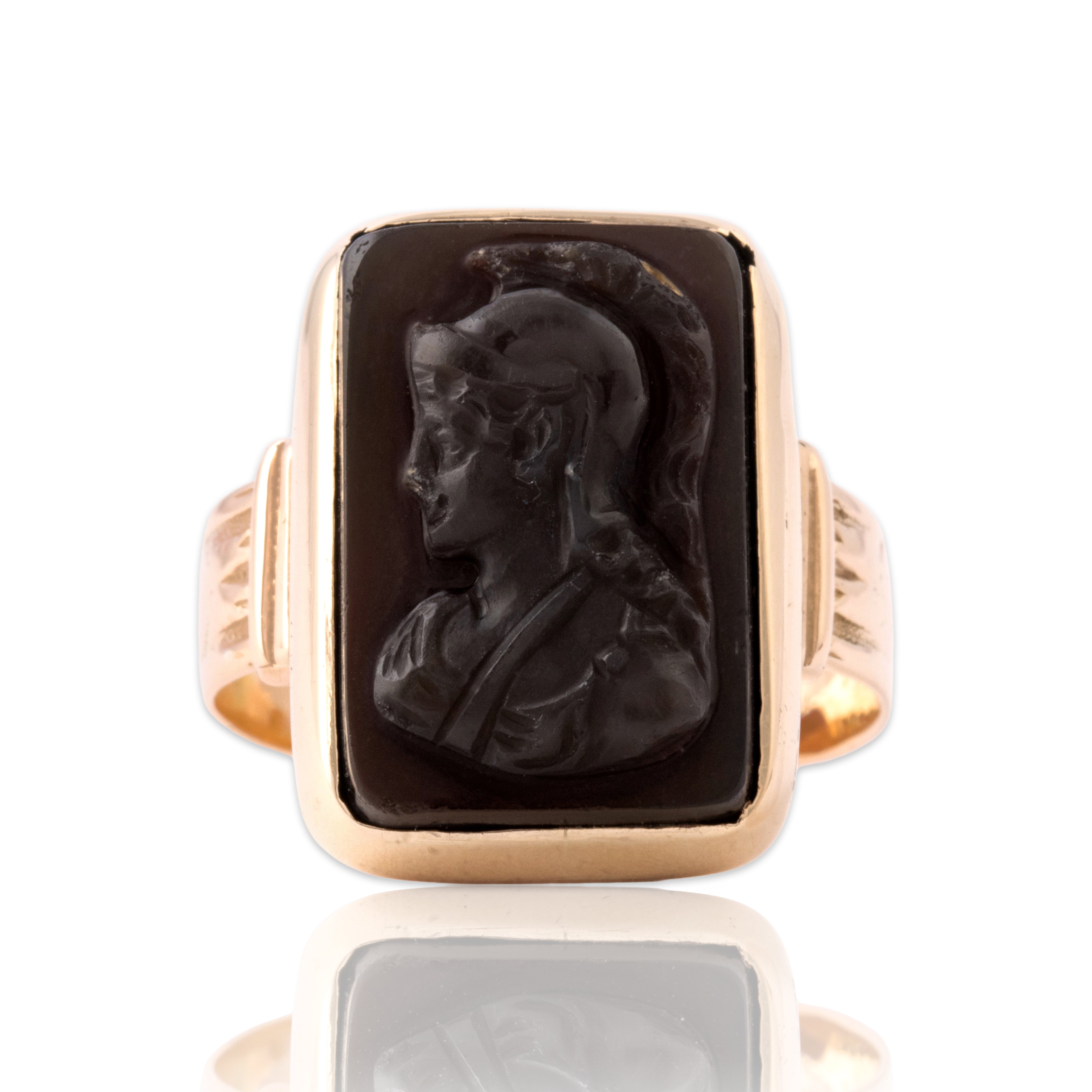 Antique Victorian 10k Rosy Yellow Gold Sard Classical Carved Soldier Ring - Close-up view