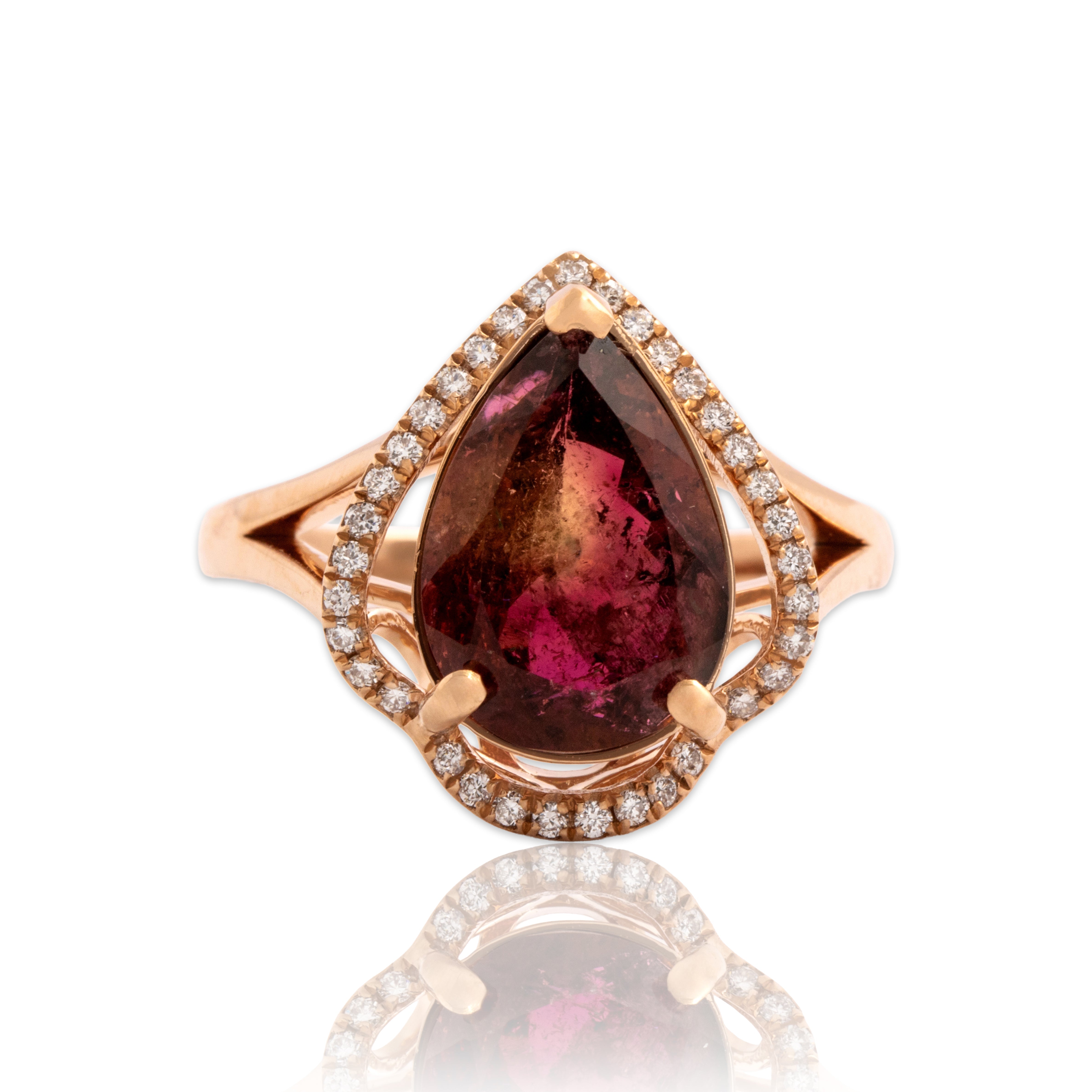 Estate 14k Rose Gold 3.09ct Tourmaline Diamond Striking Pear Accent Ring - Close-up view