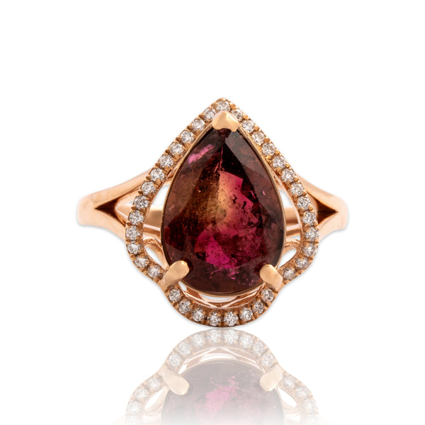 Estate 14k Rose Gold 3.09ct Pink-Brown Tourmaline Diamond Striking Pear Ring 6.75