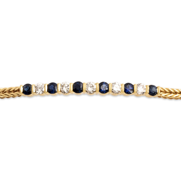 Vintage 18k Yellow Gold .58cttw Blue Sapphire Diamond Foxtail Chain Bracelet 6.5