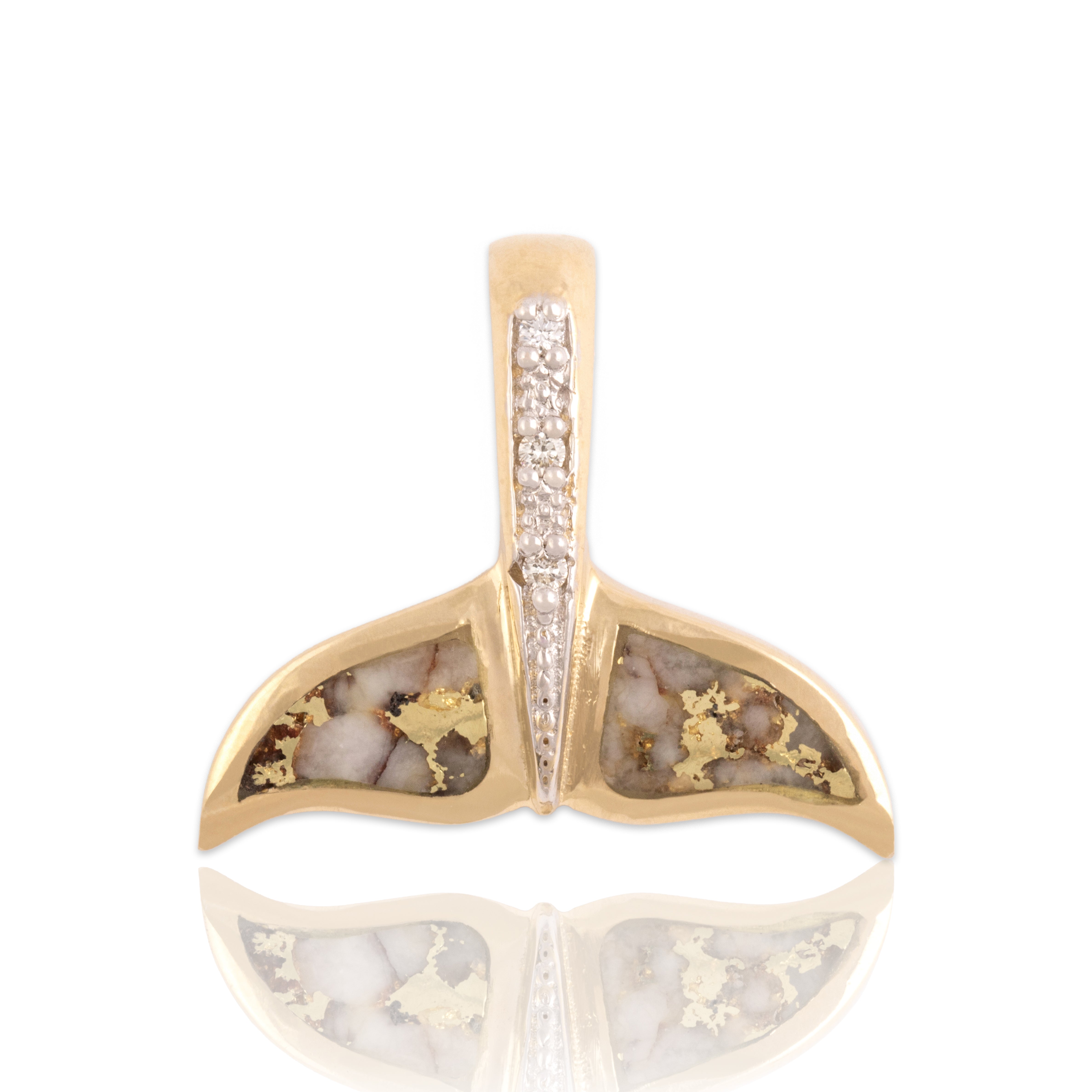 Vintage 14k Yellow Gold Diamond Gold Vein Quartz Gleaming Nautical Whale Tail Slide Pendant - Close-up view