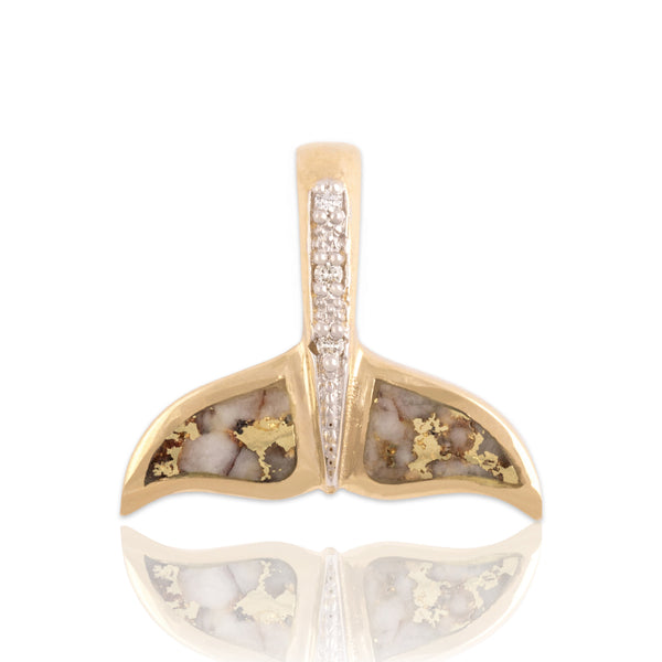 Vintage 14k Yellow Gold Diamond Gold-Vein Quartz Nautical Whale Tail Slide Pendant