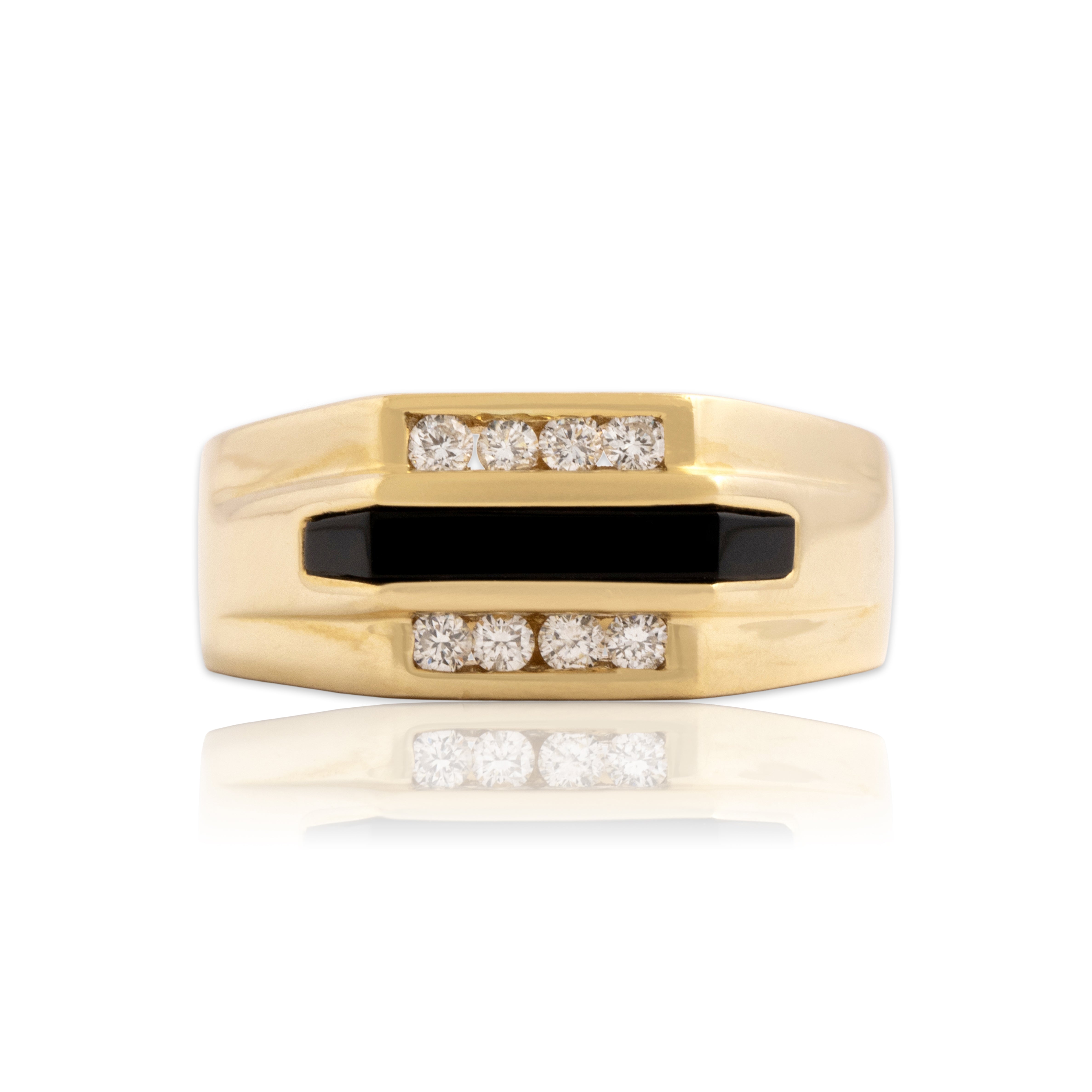 Vintage Heavy 14k Yellow Gold Diamond Onyx Geometric Channel Ring - Close-up view