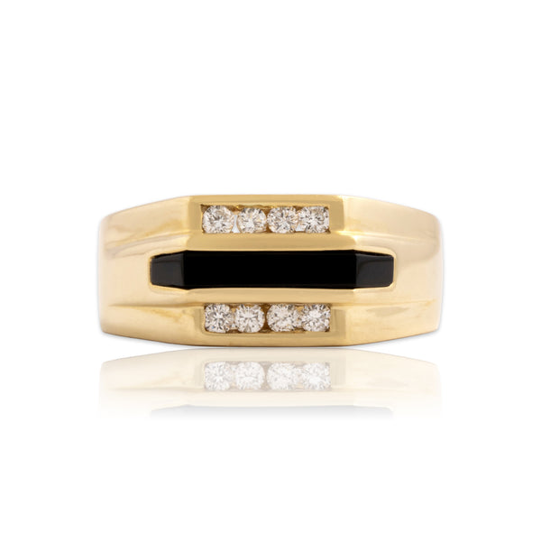 Vintage Heavy 14k Yellow Gold Diamond Onyx Geometric Channel Ring 10.25