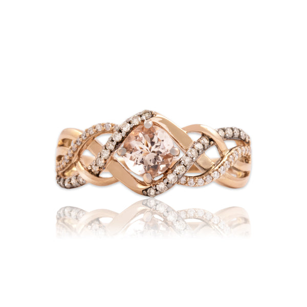 Estate 14k Rose Gold .7ct Morganite Champagne & White Diamond Entwined Ring 9.75