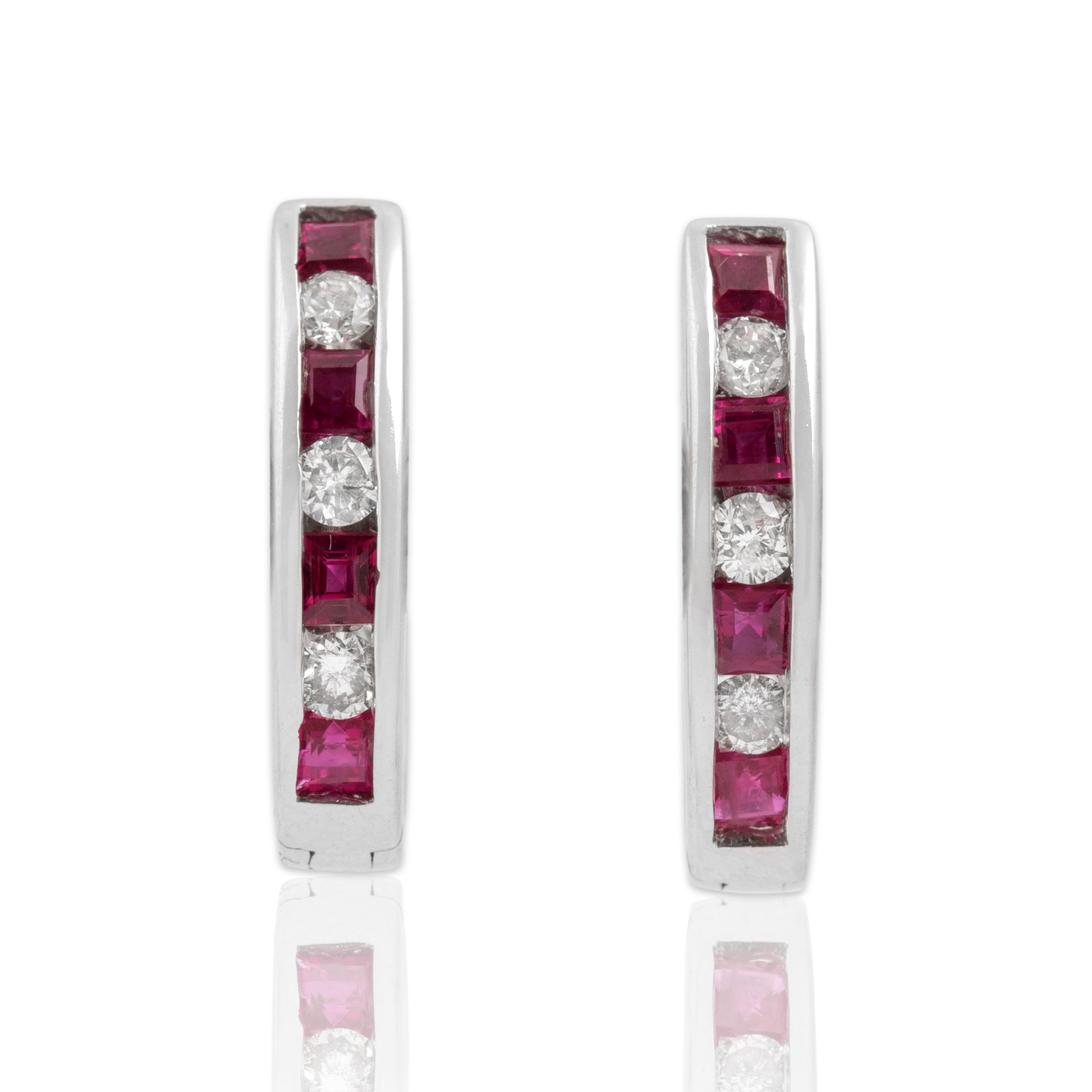 Vintage 14k White Gold Ruby Diamond Chic Mixed-Cut Channel Hoop Earrings - Close-up view