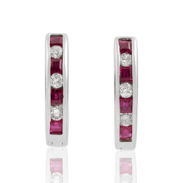 Vintage 14k White Gold Ruby Diamond Bright Mixed-Cut Channel Hoop Earrings