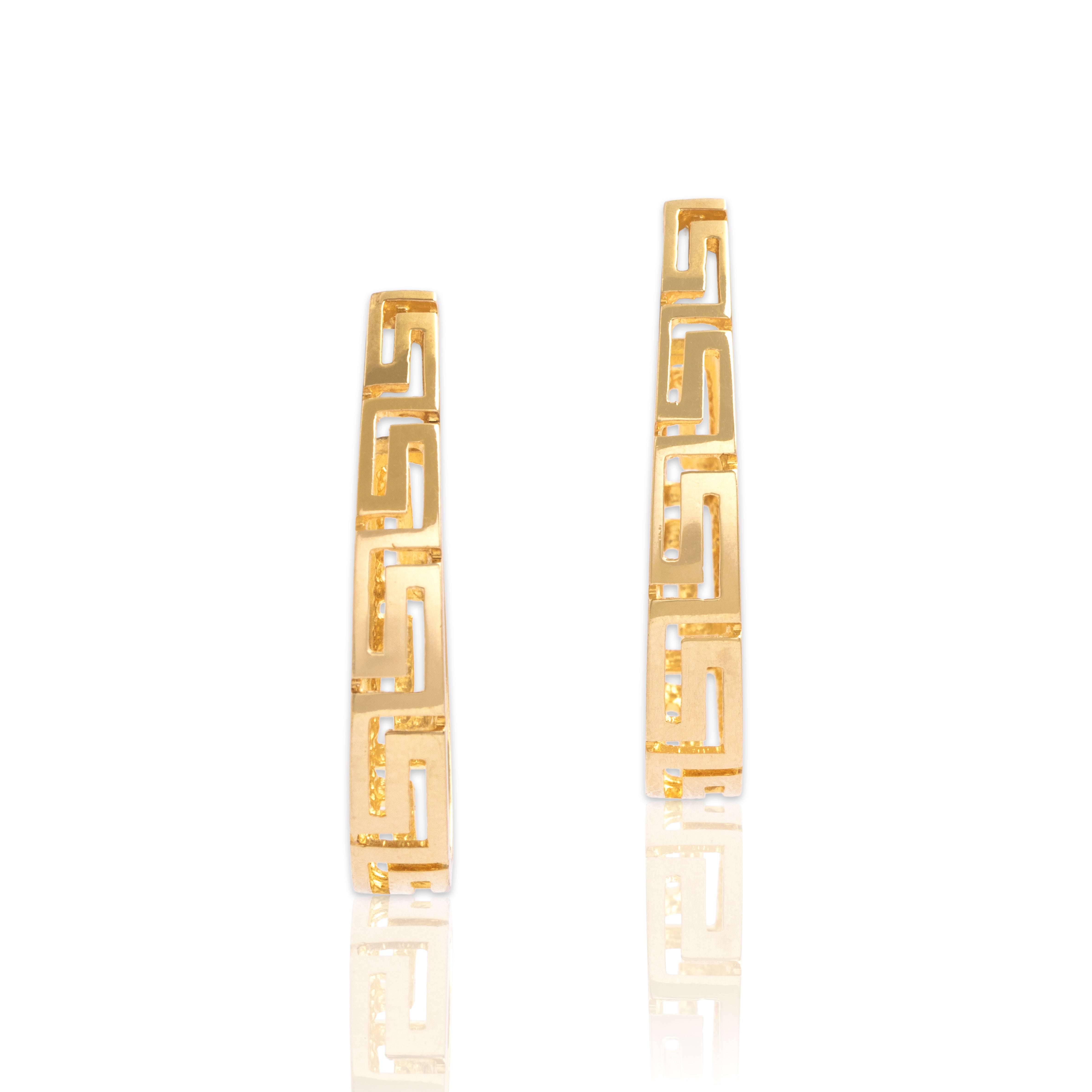 Vintage 14k Yellow Gold Chic Elongated Open Greek Key Stud Hoop Earrings - Close-up view