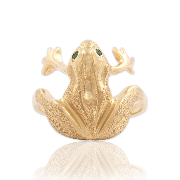 Vintage 14k Yellow Gold Emerald Glittering Hugging Tree Frog Ring 8.00