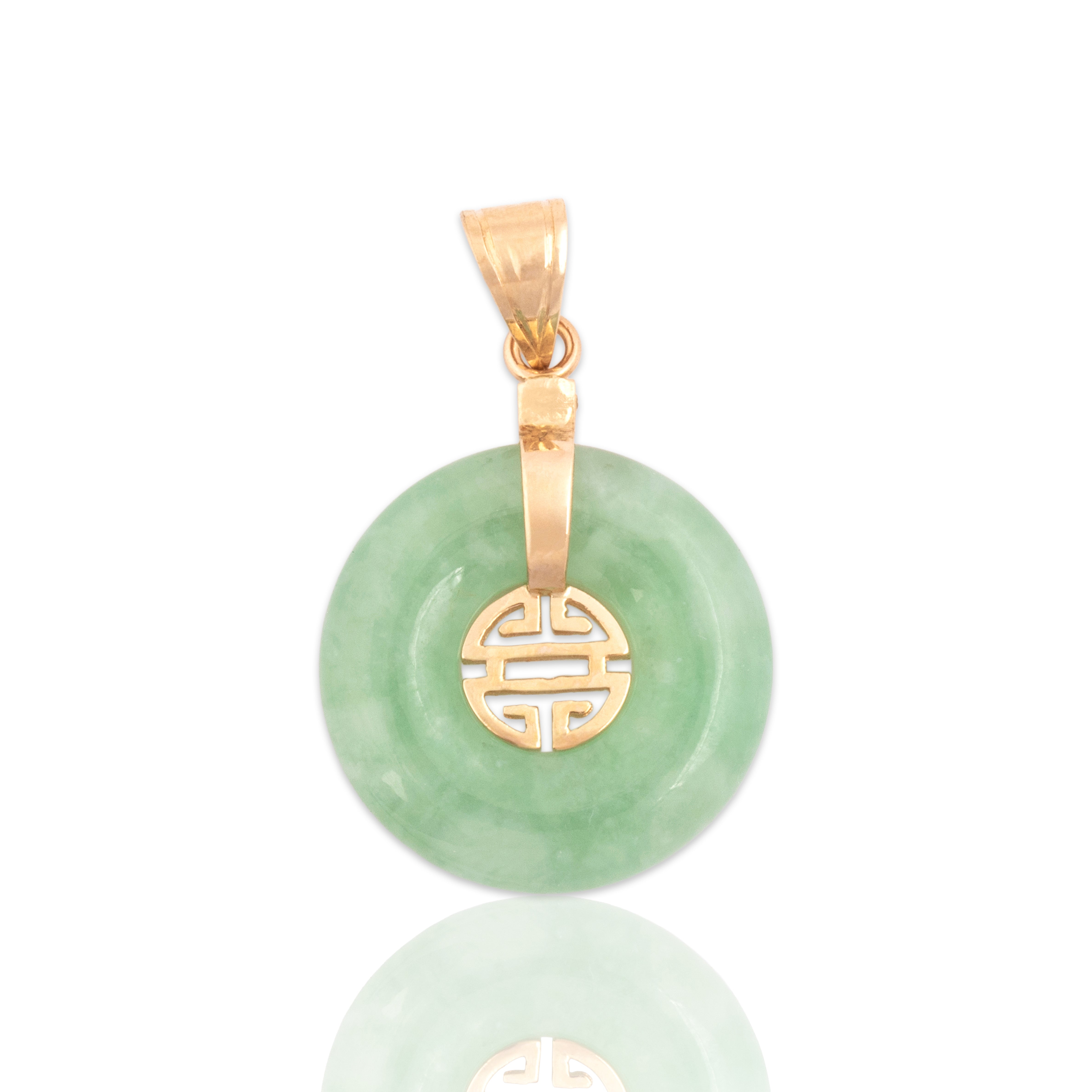 Vintage 14k Yellow Gold Jade Carved Disc Pendant - Close-up view