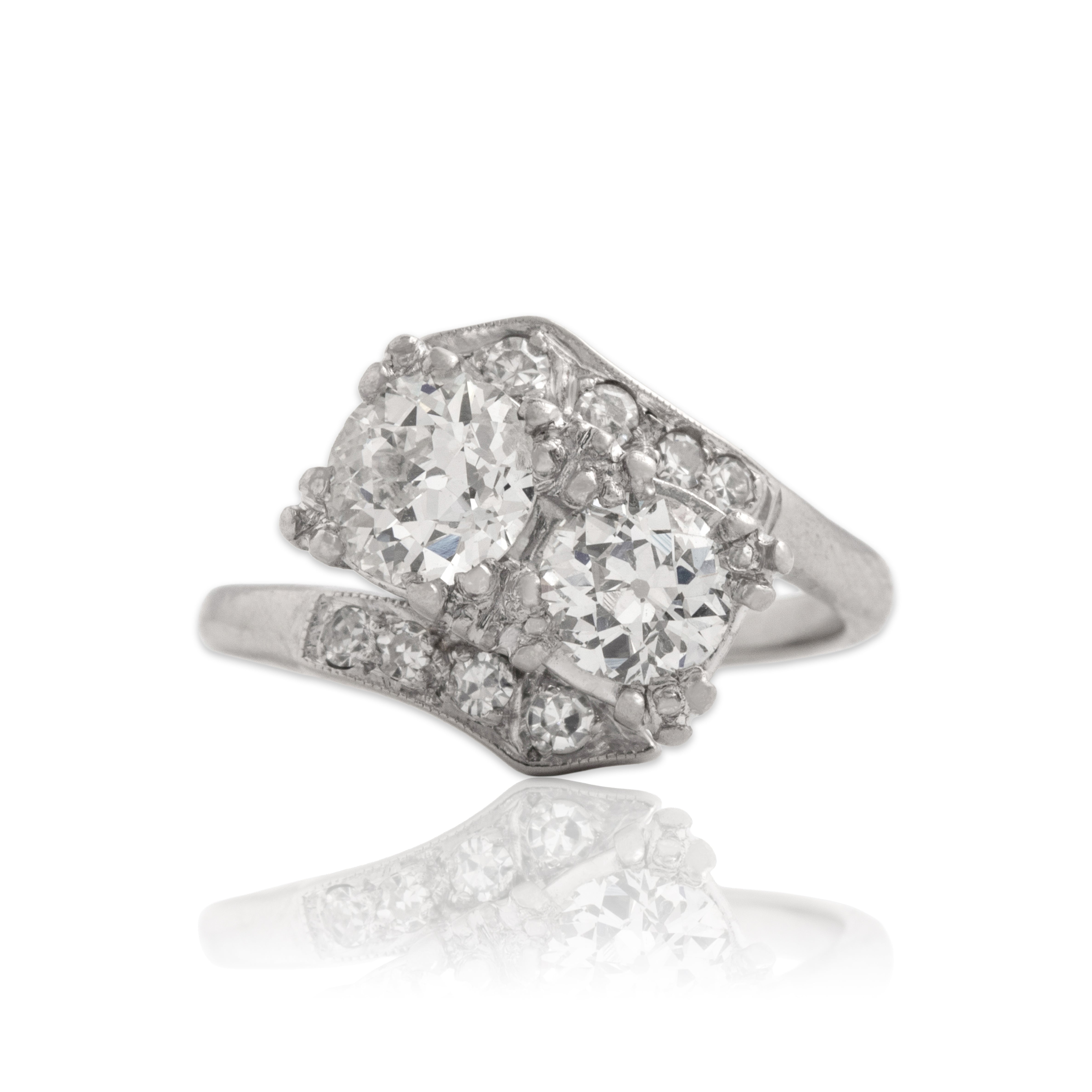 Antique 14k White Gold 1.22cttw Old European Cut Diamond Superb Toi Et Moi Bypass Ring - Close-up view