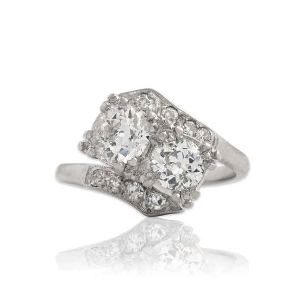 Antique 14k White Gold 1.22cttw Old European Cut Diamond Superb Toi Et Moi Ring 5.00
