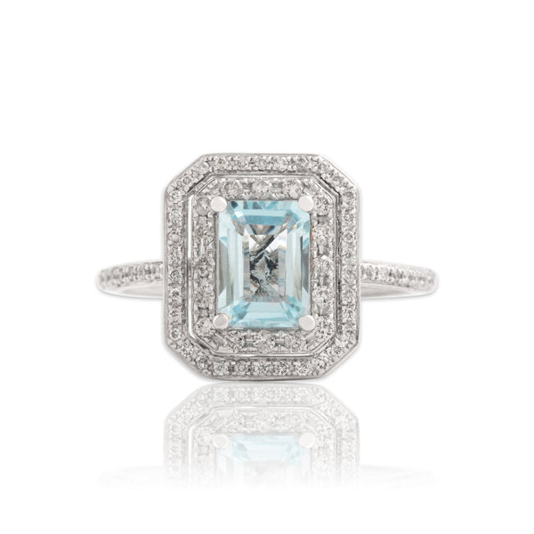 Vintage 14k White Gold .92ct Aquamarine Diamond Elegant Double Halo Ring 6.50