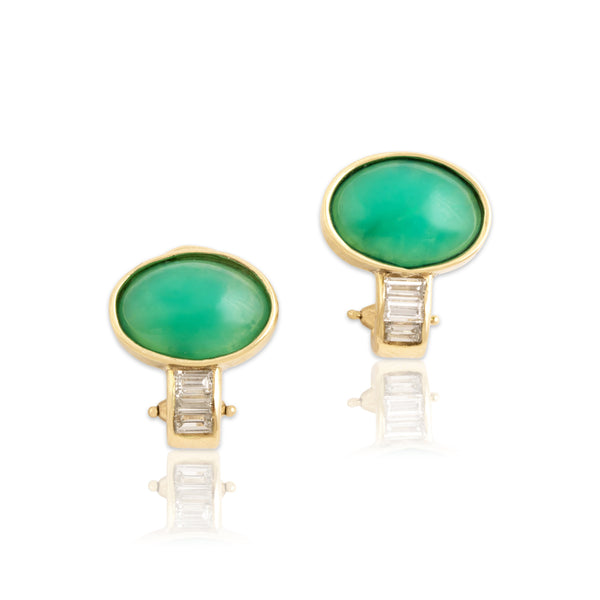 Vintage 14k Yellow Gold 4.65cttw Green Chalcedony .51cttw Diamond Elegant Flashing Bezel Drop Omega Back Earrings - Close-up view