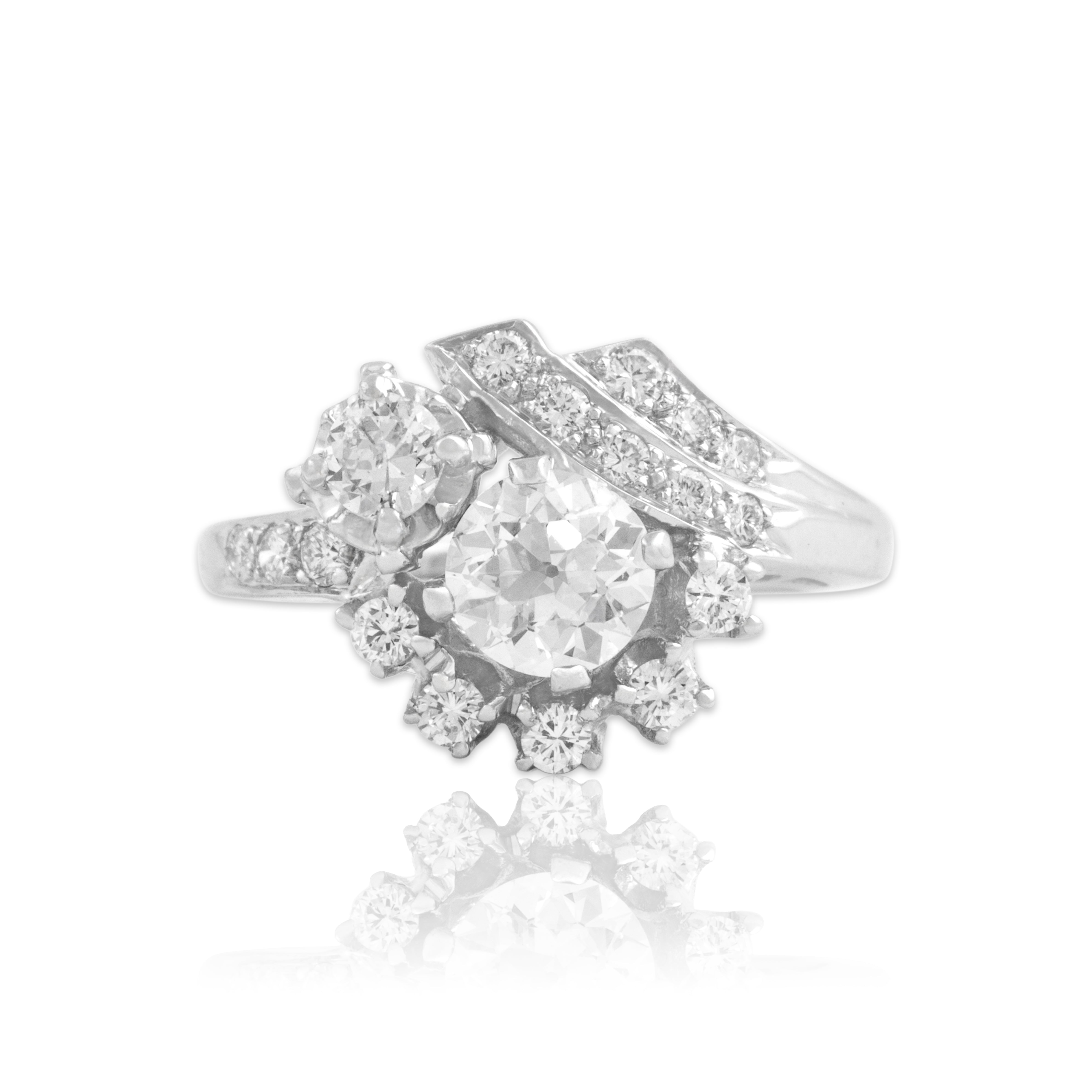 Vintage 14k White Gold 1.17cttw Old European Cut Diamond Superb Dazzling Cluster Ring - Close-up view