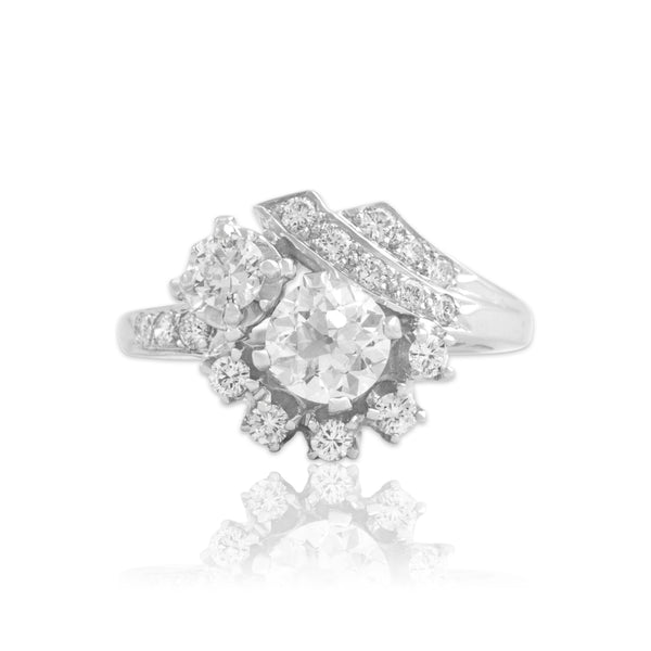 Vintage 14k White Gold 1.17cttw Old European Cut Diamond Cluster Ring 5.50