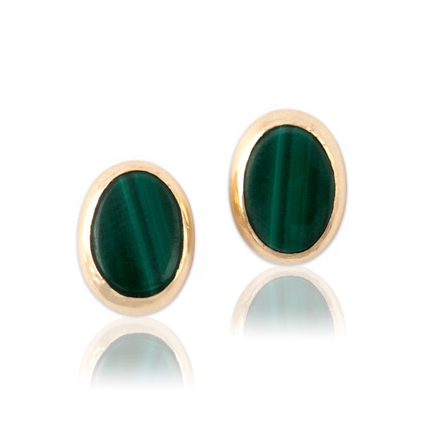 Vintage Larter & Sons 14k Yellow Gold Malachite Sleek Oval Bezel Stud Earrings