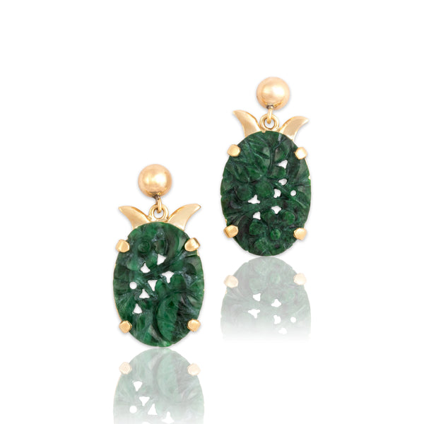Vintage 14k Yellow Gold Jade Artistic Floral Carved Dangle Earrings