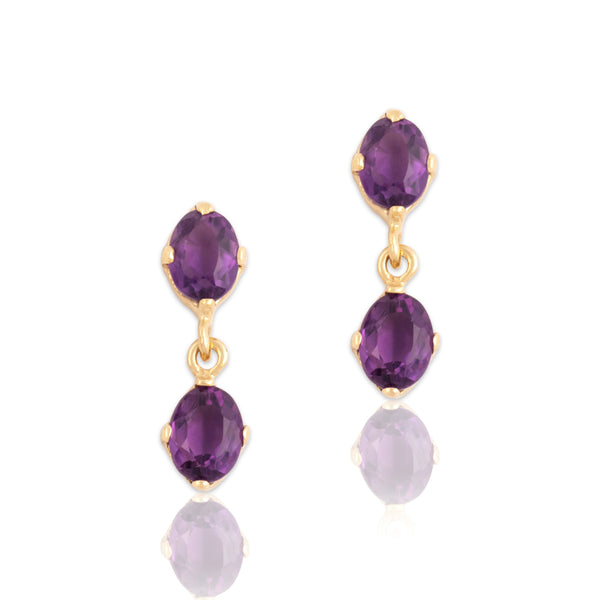 Vintage 14k Yellow Gold 2.52cttw Amethyst Chic Oval Duo Dangle Earrings
