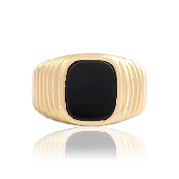 Vintage 14k Yellow Gold 1.56ct Onyx Bold Ribbed Shoulder Signet Ring 8.50