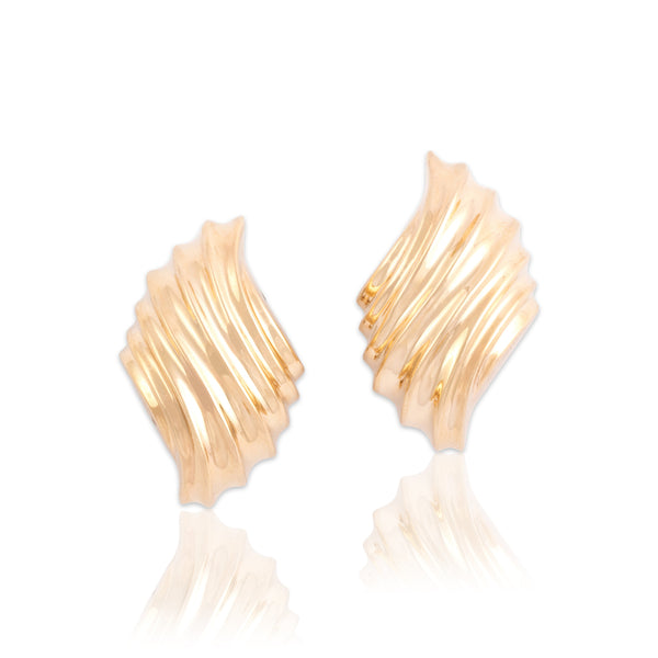 Vintage Large 14k Yellow Gold Statement Puffy Ribbed Swirl Omega-Back Earrings