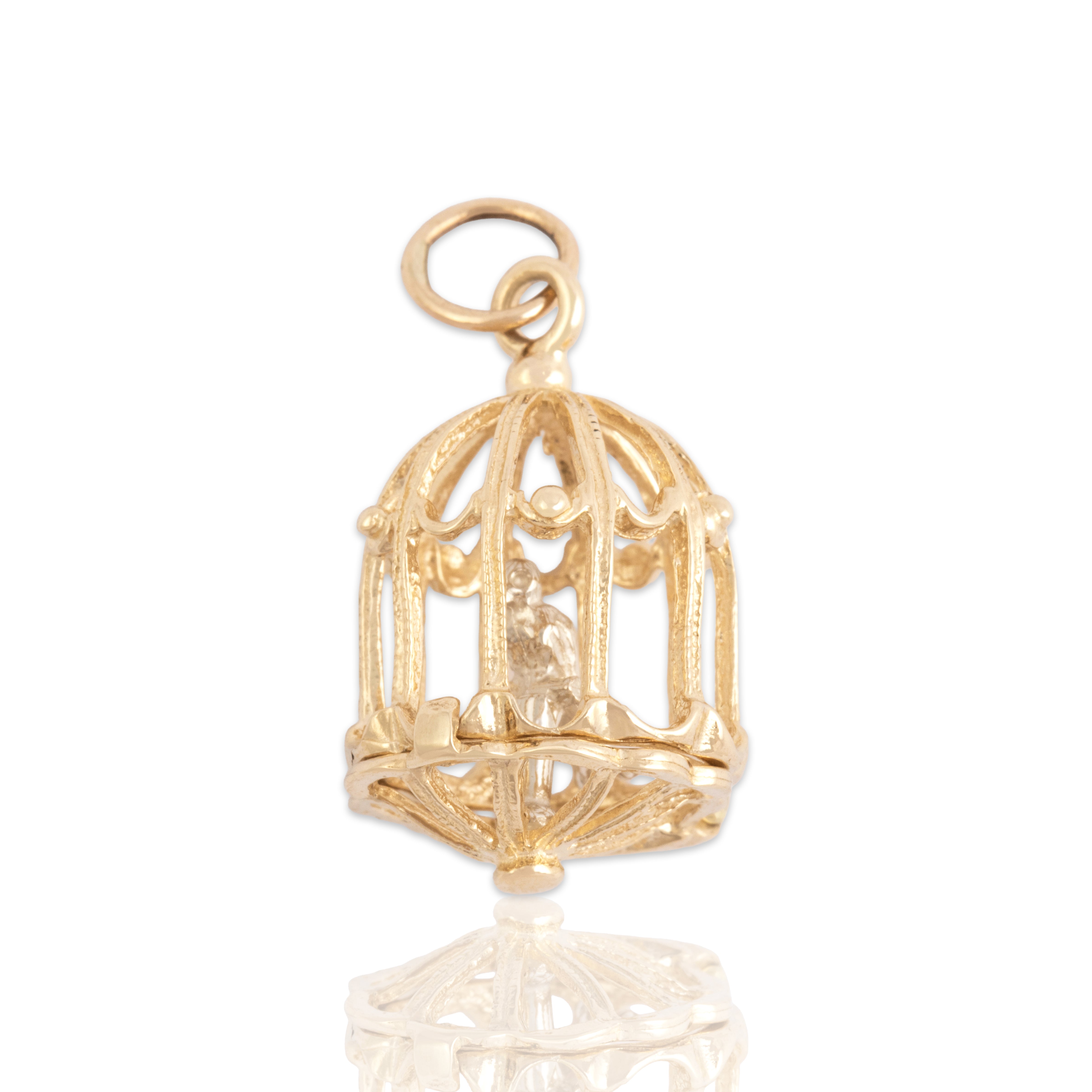 Vintage 14k Yellow & White Gold Whimsical Articulated Birdcage Charm / Pendant - Close-up view
